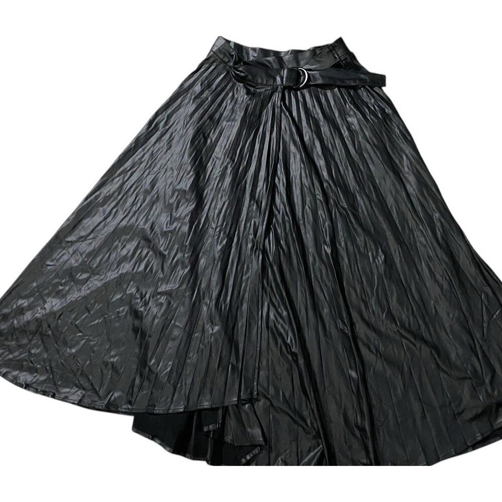 Zara Black Faux Leather Midi Skirt Belt Pleated Maxi Women XS Blogger Fave Wrap - Picture 3 of 11